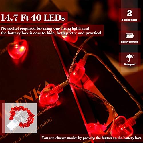 Лампа за Свети Валентин във формата на Сърце, Струнен Лампа, 14,7 фута, 40 Светодиоди, Червен Страхотна лампа на Батерии с 2 Режима