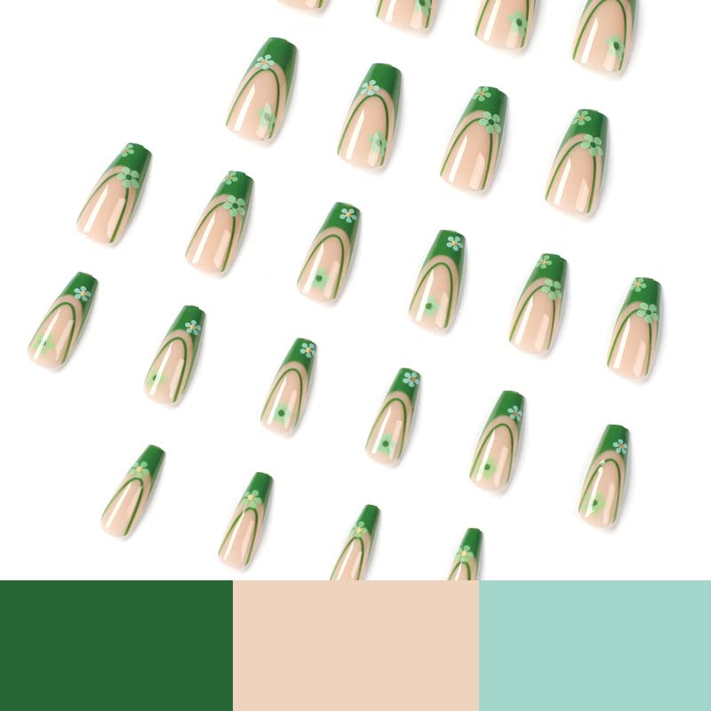 Зелен Натиснете върху ноктите Френски Режийни ноктите със средна дължина Цвете Маргаритки Лепило върху Ноктите Квадратни Акрилни Изкуствени
