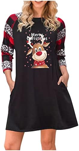 JJHAEVDY/ Дамски Ежедневни Просто Тениска с Коледните принтом и Дълъг Ръкав, Свободно Рокля Трапецовидна форма, С кръгло деколте,