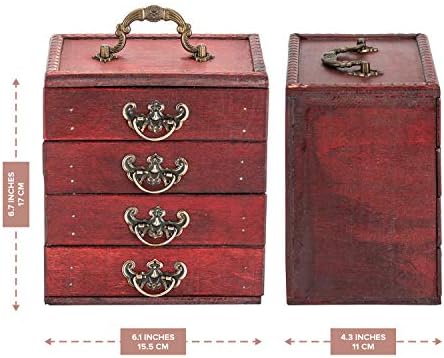Primo Supply Антикварен Дървена кутия-Органайзер - Дървена кутия Традиционен декор с 4 чекмеджета - Кутия за грим, аксесоари и продукти за