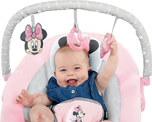 Детски батут Bright Starts Minnie Mouse Rosy Skies с Вибрираща на Детската седалка, музика и 3 Детски играчки, 23x19x23 инча