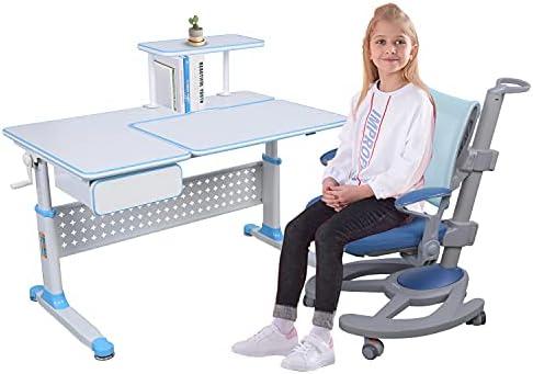 Детски стол ApexDesk серия MK с регулируема височина и работно бюро с Вграден рафт и чекмедже (комплект синя маса и столове MK)