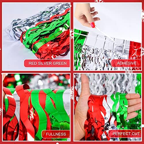 LOLStar, 3 опаковане на коледни пердета с ресни от фолио, Украса за Коледното парти, 3,3X6,6 фута, Червено, Сребристо-Зелена, Вълнообразни