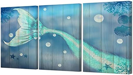 HOMEOART Русалка Декор за баня Русалка Маслени Отпечатъци върху платно Коралови Морска звезда Текстура на дърво на Фона на Синьо Художественото