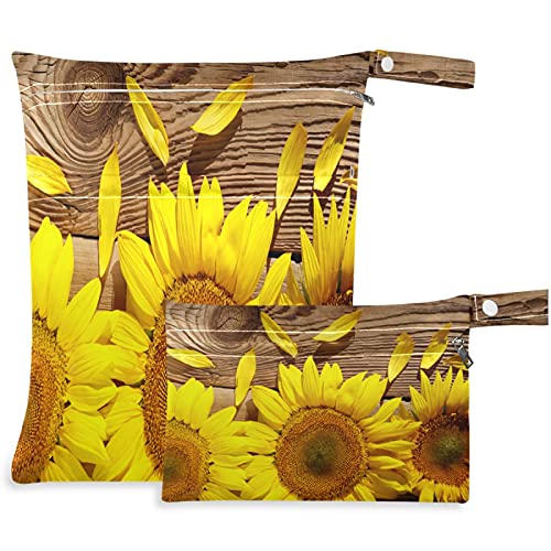 visesunny Sunflower Дървена Стара Маса, 2 бр., Влажна чанта с джобове с цип, Моющаяся, Множество, Голям за Пътуване, плаж, басейн,