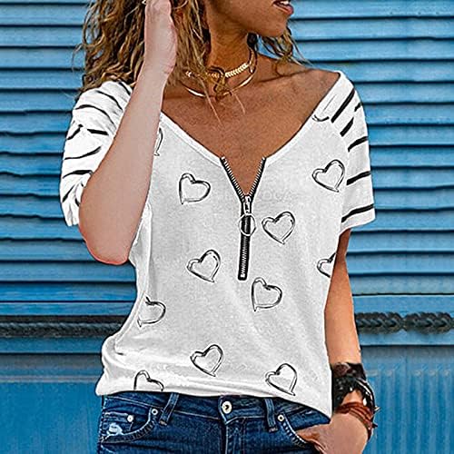 Ризи Женски за украса във формата на Сърце, Тениска, Без Жена Топ с Къси ръкави и V-Образно деколте, Многопластова риза с цип