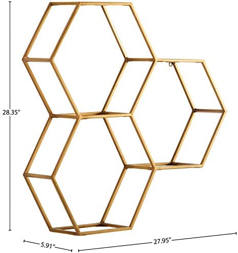 Марка – Модерна Стенни полк с нитове под формата на Шестоъгълни клетки със Стъклени рафтове - 28 x 28 x 6, златни