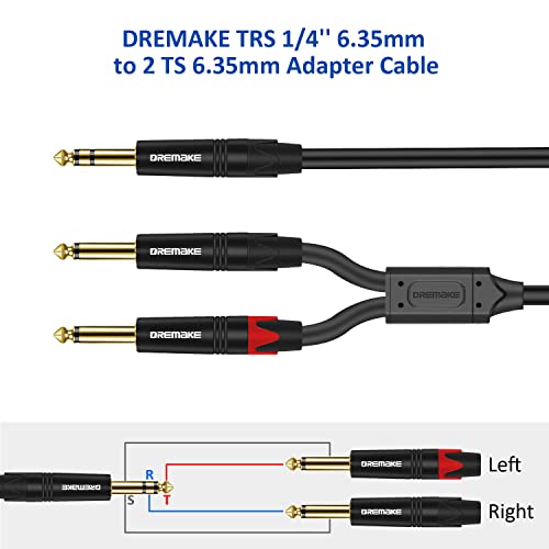 DREMAKE TRS 6,35 мм Жак за двойна 6,35 мм кабел-сплитер TS Y с дължина 3 метра, Стерео 1/4 Инча TRS до 2 TS 1/4 Инча Аудио Кабел-линеен, TRS