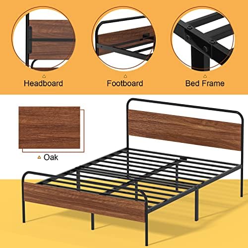 Рамка на легло Queen-size метална платформа Devoko с дървени таблата и изножьем, стоманена ламельной опора, основа за матрак, Пружинен