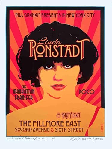 Плакат на Линда Ронштадт В чест на Историческия си дебют във Филмор-на Изток През 1971 г. С Нова саморъчен подпис на Дейвид Берда COA