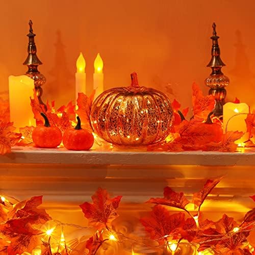 8 Бр. Есенни Тиквени Декорации за Деня на Благодарността Включват 2 бр. Уголемени есенни светлини от кленов листа с Обща