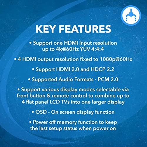Контролер видеостены OREI 4K 2x2 С бесшовным процесор HDMI с прогресивно честота 60 Hz 4:4:4 8-битов - 2.0 HDMI, HDCP 2.2,