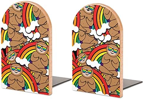 Сладък Ленивец ЛГБТ Гей Гордост Преливащи се цветове Дървени Поставки за Книги, Държачи за Тежки Книги за Рафтове, Декоративни