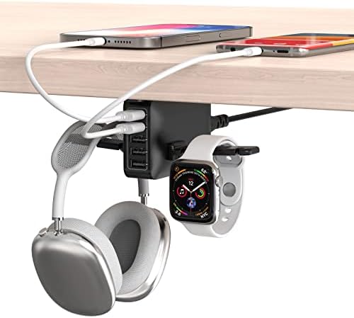 Титуляр слушалки за игри на слушалки за PC, Закачалка, Поставка за Куки, Двойна Поставка за слушалки HORUMP Под масата с 5 Порта USB-зарядно