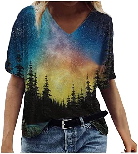 Aopirta/ Дамски Модни Тениска С V-образно деколте и принтом Пейзаж, Ежедневни тениски С Къс ръкав, Блуза
