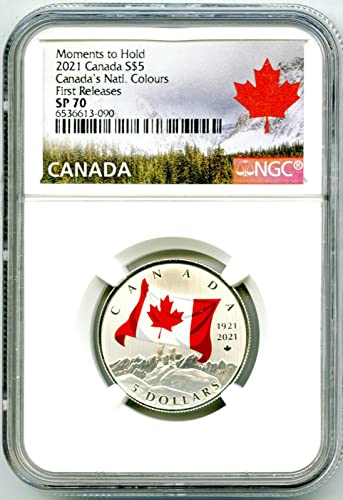 От кралския канадски монетен двор CA 2021 ПЪРВИ път ПУСКА на Националните цвета на Знамето на Канада на СТОЙНОСТ 5 SP70 NGC