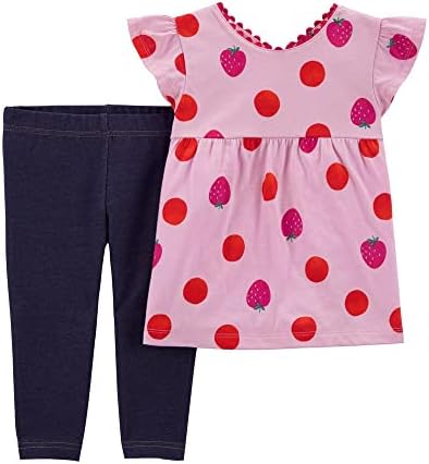 Комплект Carter's Baby За момичета от 2 теми, Розов Топ в Ягодово Грах и Плетени Дънкови панталони (9 месеца)