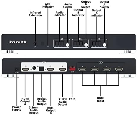 Матричен превключвател NNLINK ARC 4x2 4K, HDMI, сплитер 4 2 изход HDMI Switcher с 7.1 CH HDMI Аудио + Оптичен 5.1 CH + 3.5 мм