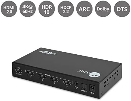 Комутатор SIIG 4x1 HDMI 2,0 4K 60Hz с ARC & Audio Extractor, вграден аудио, IR дистанционно управление, HDR 10, HDCP 2,2, аналогов звук 2,0,