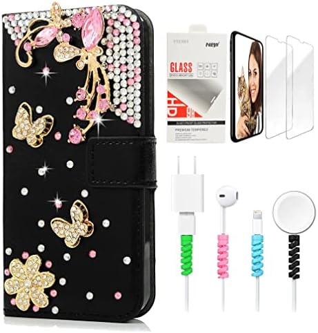 Чанта-портфейл STENES Bling за телефон, съвместим с калъф OnePlus 9 - Стилен - Кожен калъф ръчна изработка с красиви цветя-пеперуди