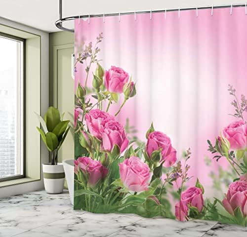 Завеса за душ с цветя модел Ambesonne, Пролет Изображението на Атмосферата в Омбре стил с Листа и Пъпки, Текстилен Комплект за вашия интериор,