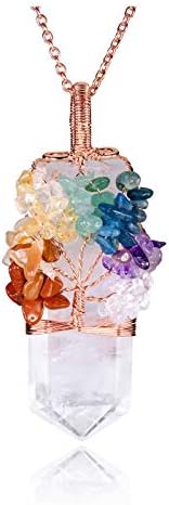 MANIFO Crystal 7 Чакри Дървото на Живота, Обернутое Тел Кварцевое Колие, Прозрачен Кварц, Лечебен Камък, Точков Медальон, Огърлица, Бижута