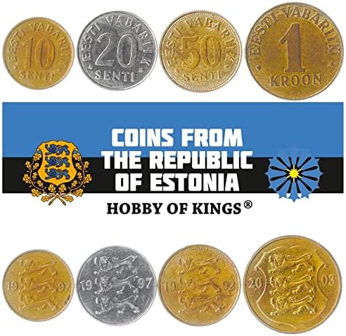 4 Монети от Естония | Колекция Естонски монети 10 20 50 Сенти 1 Крона | В обращение 1997-2008 | Лъвовете