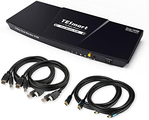 Комутатор TESmart HDMI KVM 2 Монитора и 2 компютъра на 4K @ 60Hz, USB 2.0, Двухмониторный KVM switch HDMI с разширен дисплей на 2 порта, емулатори