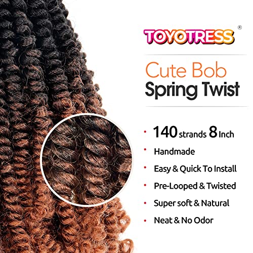 Toyotress Боб Spring Twist Hair - 8 инча, 7 опаковки, Омбре, Кафяви Предварително ръчно Плетене Косата, Извити Усукване, Пигтейли