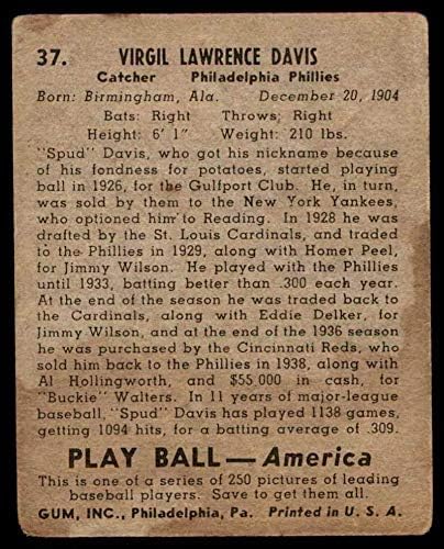 1939 Play Ball 37 Окопаване Дейвис срещу Филаделфия Филис (Бейзболна картичка) FAIR Phillies