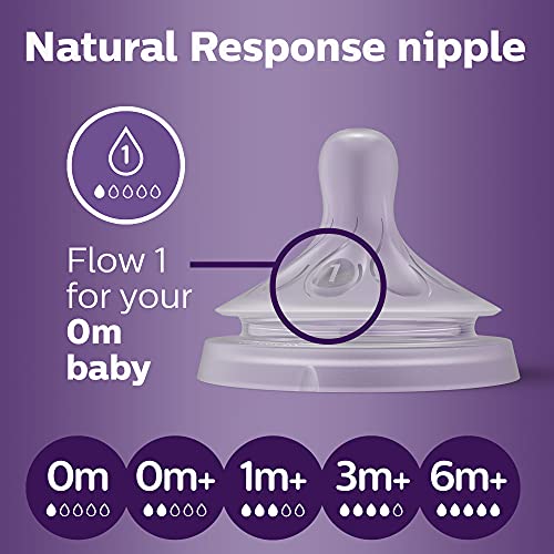 Philips Avent Стъклена Бутилка за новородено, 8 грама, 4 бр, SCY913/04 и биберони за шишета Natural Response Flow 1, 4pk, SCY961/04 и биберони