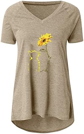 Блуза, Тениска за Момичета 2023 с Къс Ръкав Vneck Памук Слънце Котка на Слънчогледа Цветен Графичен Салон Сладка Тениска FT