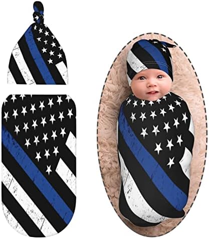 Пеленальное Одеяло с флага на сащ Socira, Комплект от Одеяла за новородени и шапки-Бини, Флаг Синята линия на Полицията, Еластично