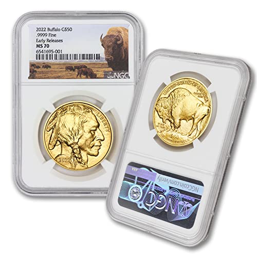2022 1 унция злато Buffalo MS-70 (MS70 - Ранните съобщения - лейбъл Bison) от монетния двор State Злато за 50 долара Mint State NGC