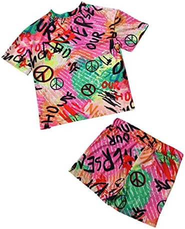 synia / Дрехи за малките момичета За Деца, Комплект Летни детски дрехи с къси ръкави и цветен печат за малки момичета (Червен,