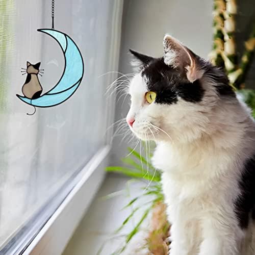 BOXCASA Cat Decor Ловец на Слънцето за прозорци, Гоблени с прозорци със стъклопис Котка на Луната за дома, Подаръци за сиви