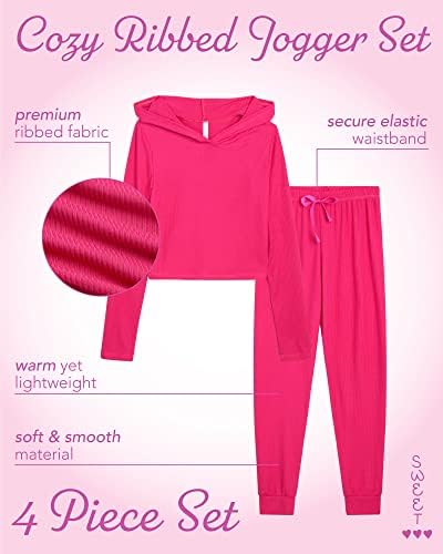 Комплект спортни костюми за момичета Sweet Hearts - Лек Пуловер в рубчик с качулка от 4 теми, hoody с качулка и панталони за джогинг (7-16)