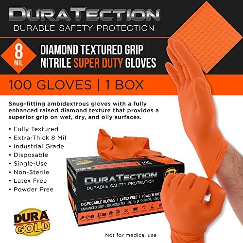Ръкавици за еднократна употреба от нитрил с твърда консистенция Dura-Gold Duratection 8 Mil Оранжев цвят с диамант текстура, без латекс