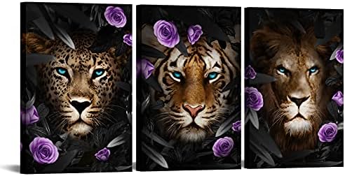 DuoBaorom/Комплект от 3 теми, Платно с цветен Модел на Животните, Стенно Изкуство, Сини Очи, Леопард, Тигър, Лъв с Лилаво Цветен