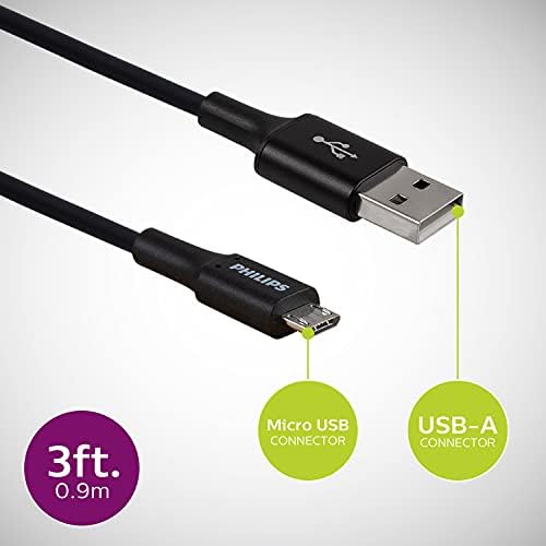 Philips Кабел USB A-Micro USB, Здрав кабел за зареждане, 3 метра, Черен, Съвместим с Samsung Galaxy S6 S7 J7 Note 5, LG, Kindle, Xbox,