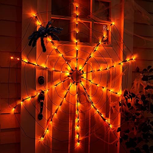 Украса за Хелоуин Външни осветителни Тела от интернет, 80 оранжеви Led осветителни Тела с Гигантски Плюшено Паяк, Водоустойчиви осветителни