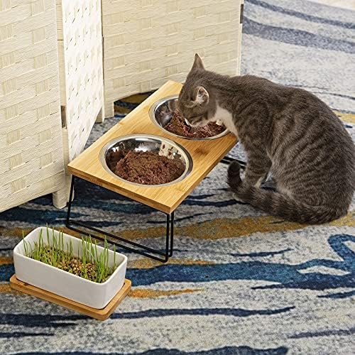 Купа за котешки храна Yangbaga, Бамбук повдигнати купа за котки с керамично гърненце за засаждане на котешка трева, Наклонена Дизайнерски