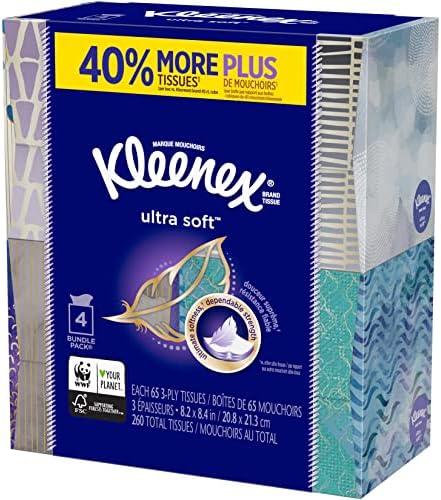 Кърпички за лице Kleenex Ultra Soft, 65 парчета (опаковка от 4 броя) (общо 260 кърпички)