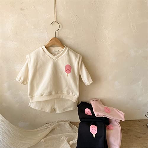 Спортен комплект за новородени момичета и момчета, есен обикновен памук жилетка без ръкави, с къси штанами (бежово, 18-24 месеца)