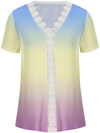 Есенно-Лятна Блуза, Тениска за Жени 2023, Лейси Памучен Тениска с Къс Ръкав, Дълбоко V-Образно Деколте, Градиент Риза с Цветен