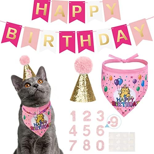 Аксесоари за Парти в чест на рождения Ден на Котката EXPAWLORER, Шал-Кърпа за Коте и Шапка с Номер на Рожден Ден с Флага, Розови Аксесоари