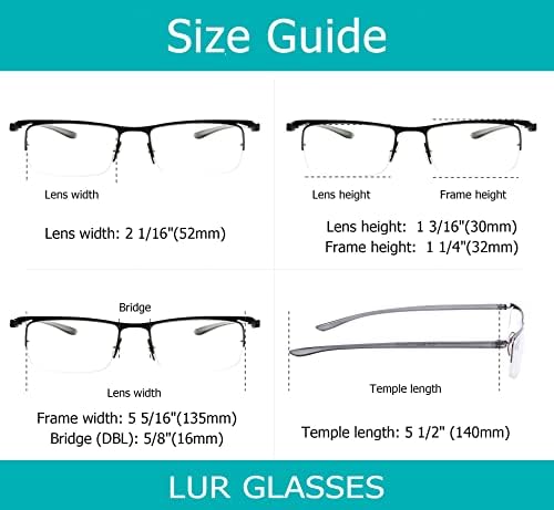 LUR 3 опаковки очила за четене в полукръгла рамка + 3 опаковки на метални очила за четене в полукръгла рамка (общо 6 двойки ридеров + 3,00)