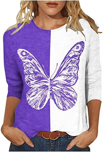 Тениска с изображение на пеперуда Y2K за Жени, Модни Блузи в стил Мозайка с 3/4 Ръкав, Ежедневна Туника с Кръгло деколте,