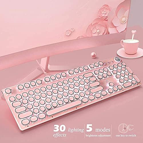 Розова Клавиатура за пишеща машина и мишка, Ретро Реколта Ръчна Детска Клавиатура с бяла led подсветка, 104 клавишите със Сини