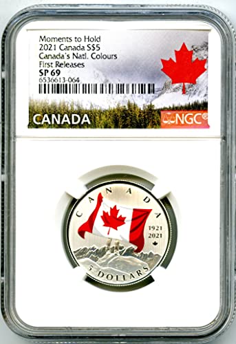 От кралския канадски монетен двор CA 2021 ПЪРВИ път ПУСКА на Националните цвета на Знамето на Канада на СТОЙНОСТ 5 SP69 NGC